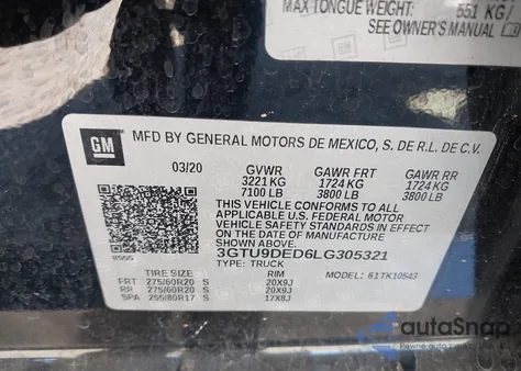 2020 GMC Sierra 1500 4Wd Short Box Slt z USA, uszkodzony, nr VIN 3GTU9DED6LG305321